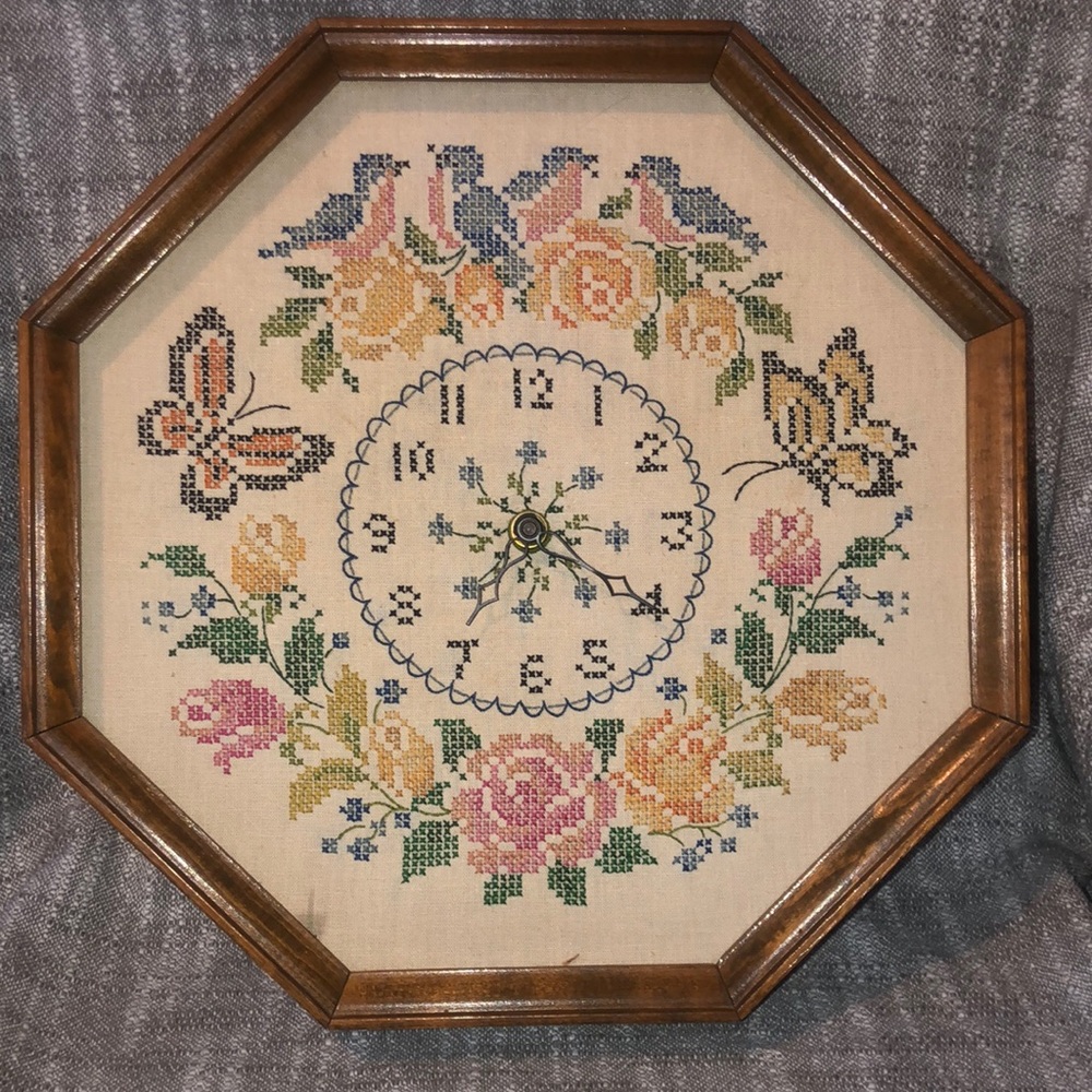 Vintage handmade Crosstitch clock. Battery operated.
